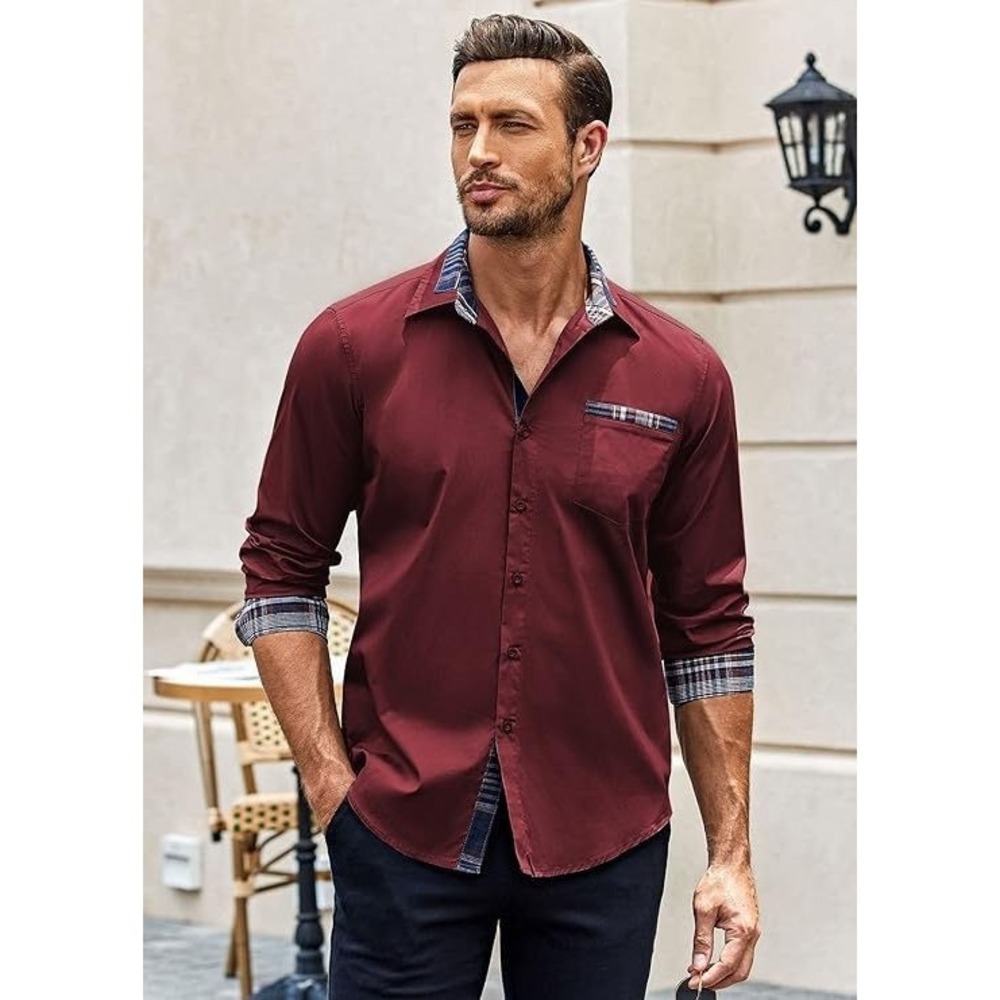 Coofandy Men's Long Sleeve Plaid Collar Button Down Dress Shirt - Wine Red - L - Picture 2 of 3